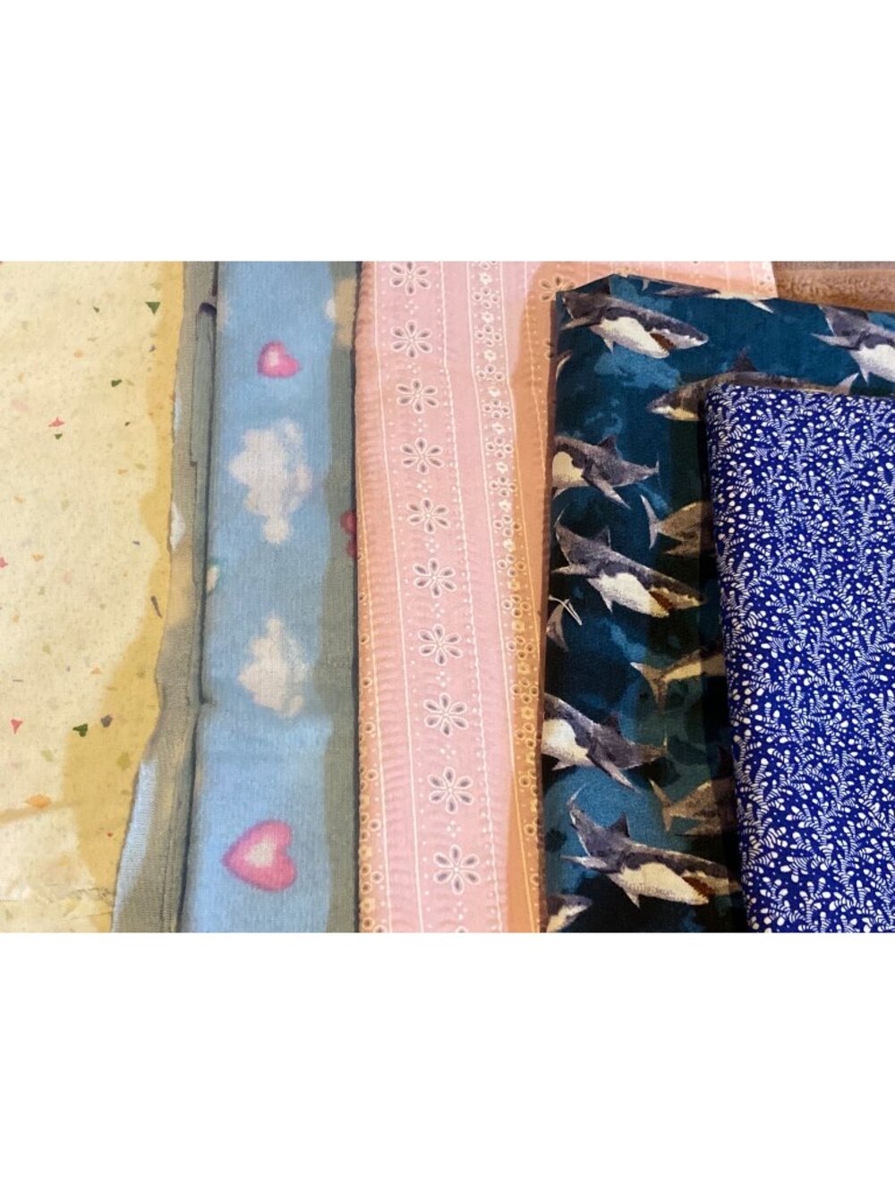 Fabric Remnant Pieces Shark Floral Heart Cloud Confetti Quilting Lot of 5